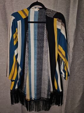 VTG "Orange Caramel" Striped Fringed Cardigan Open Poncho Yellow Blue Black